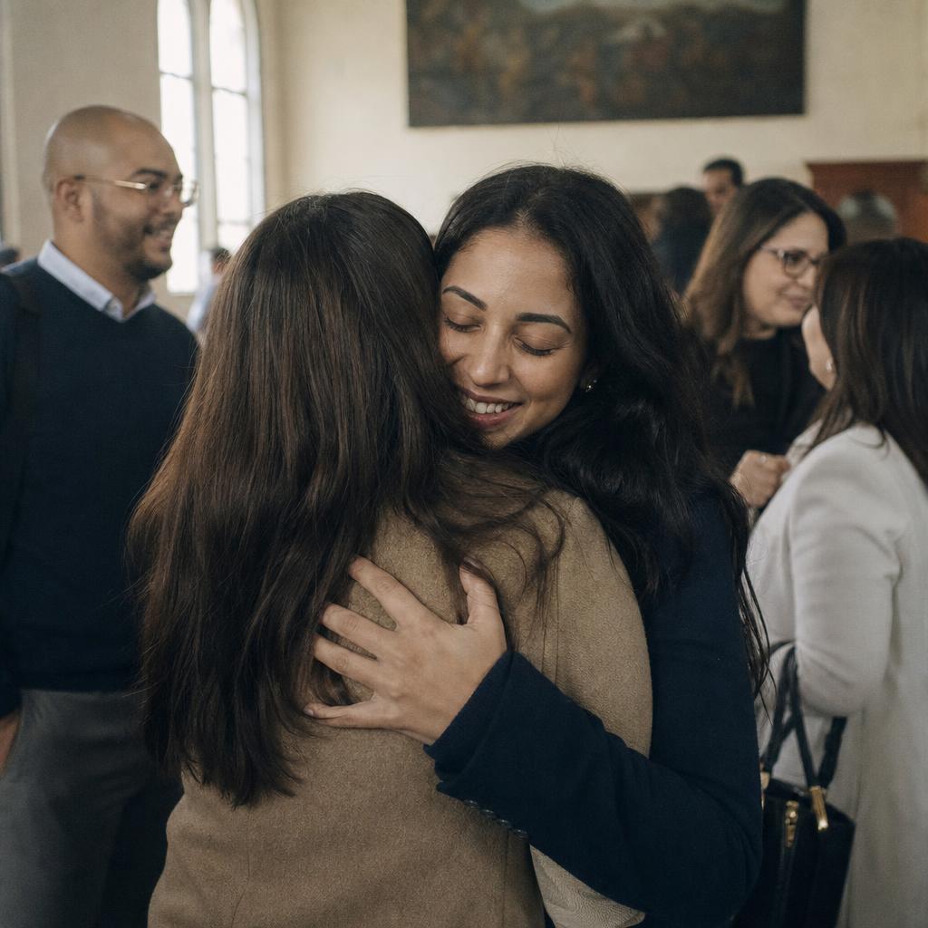 Membros da igreja se acolhendo com sorrisos