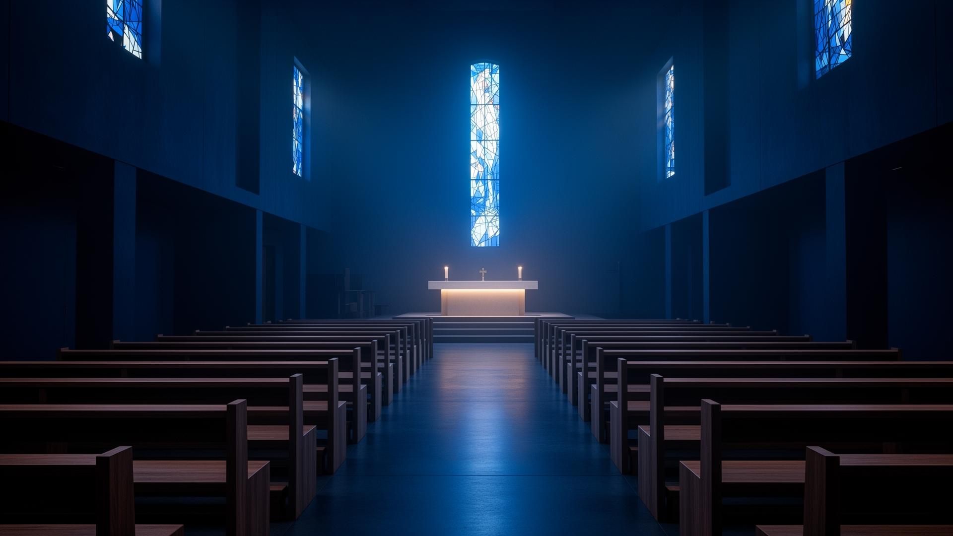 Interior da igreja com vitrais azuis