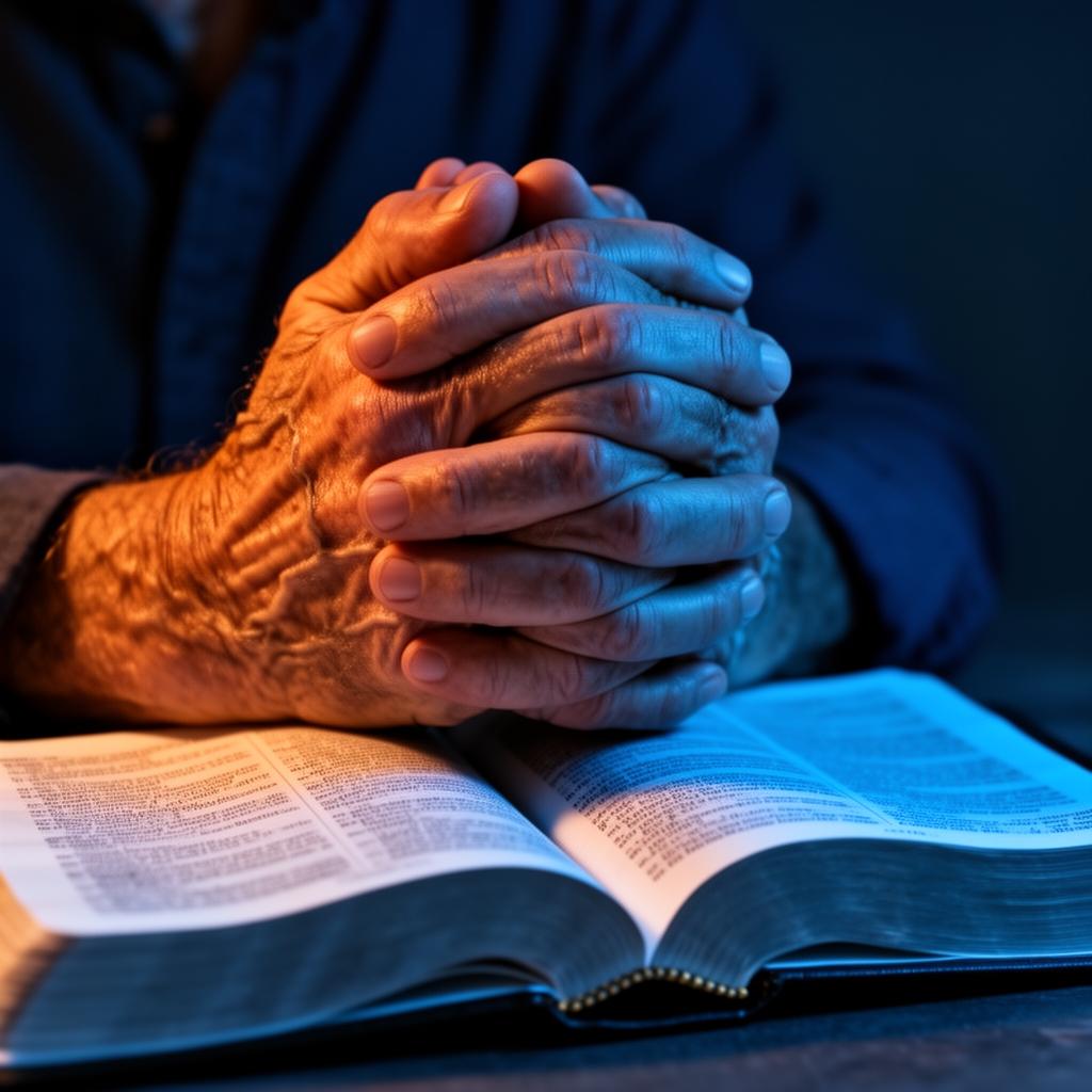 Mãos unidas em oração sobre uma Bíblia aberta